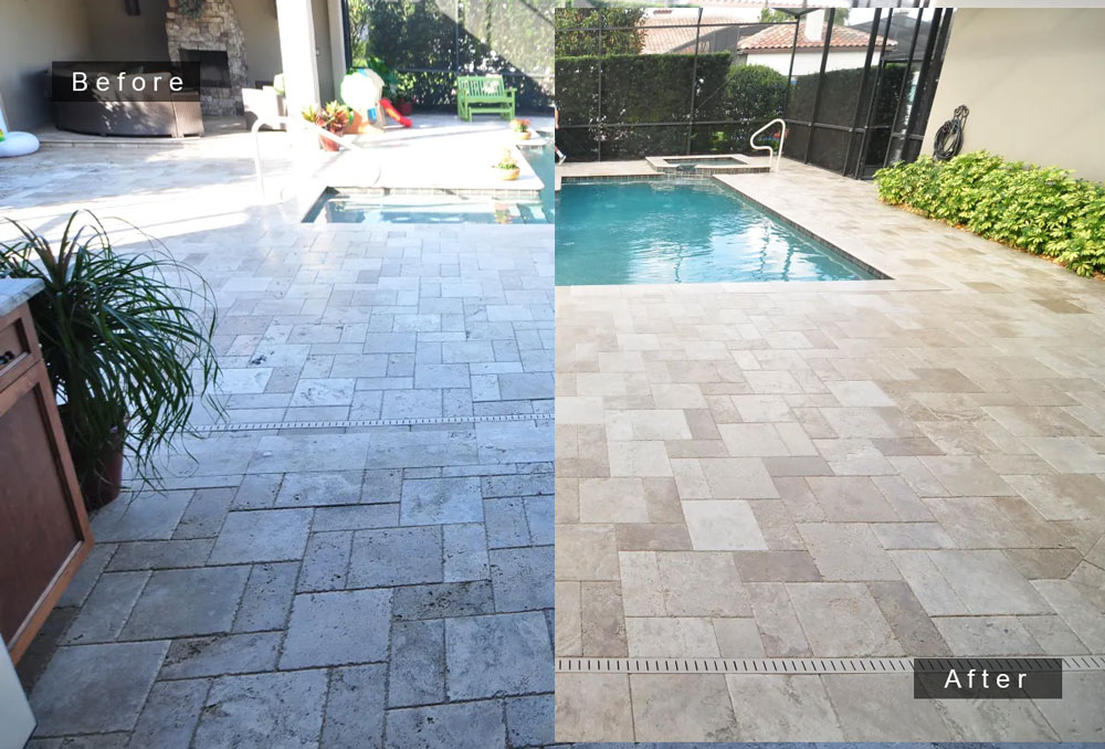 Travertine screened pool deck before and after restoration