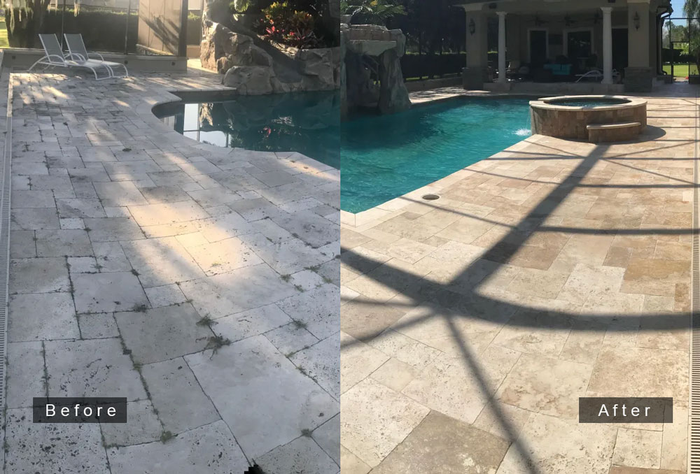 Travertine pool deck before and after restoration
